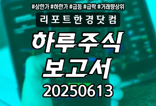 하루주식보고서 20250613 상한가 하한가 급등락종목 거래량상위 중앙에너비스 엔지브이아이 대성하이텍 엠에프엠코리아 삼성 인버스 2X WTI원유 선물 ETN