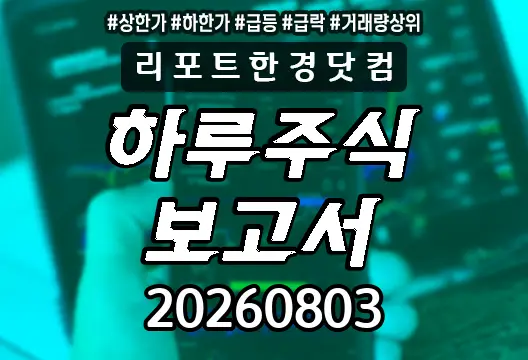 하루주식보고서 20260803 상한가 하한가 급등락종목 거래량상위 비비안 유니포인트 레이 F&F KODEX 200선물인버스2X